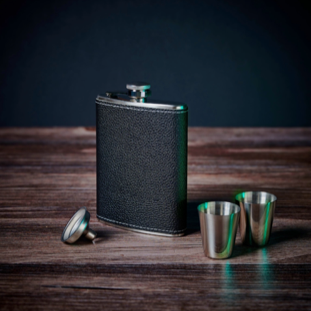 leather flask with shot glasses